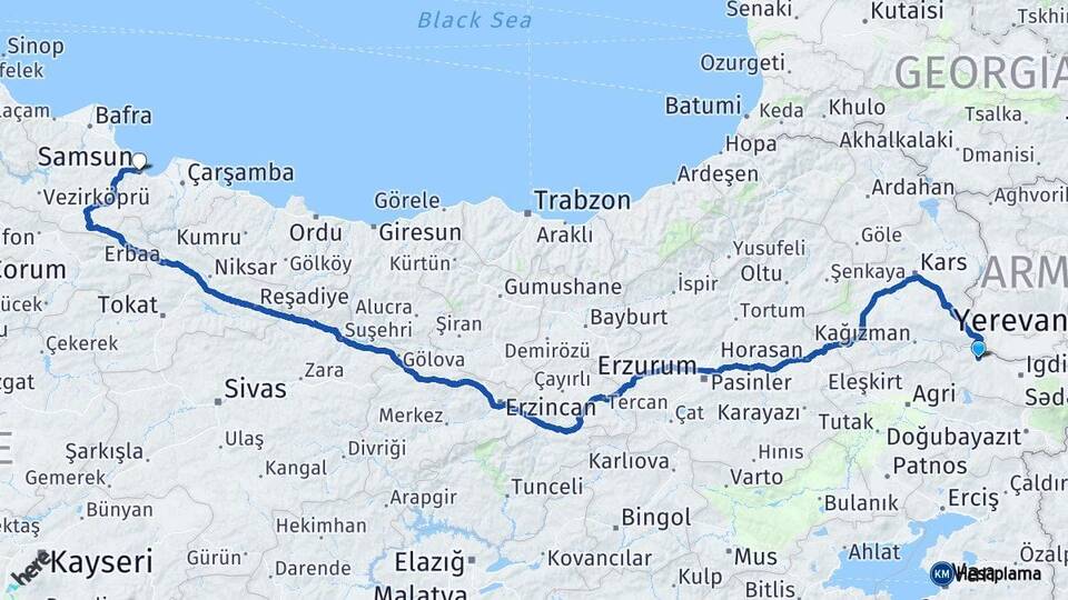 Iğdır Tuzluca Samsun Arası Kaç Km - Yol Haritası