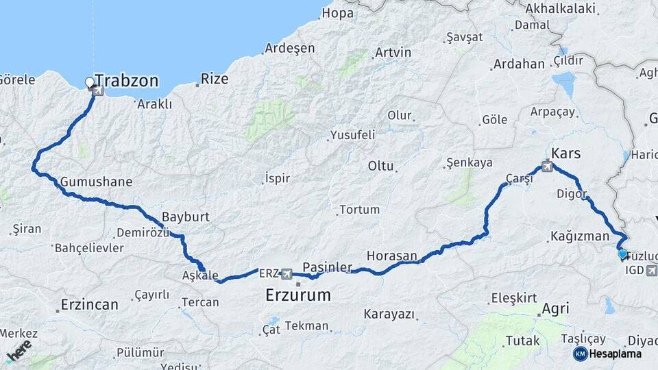 Iğdır Tuzluca Trabzon Arası Kaç Km - Yol Haritası