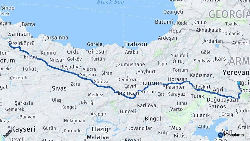 Iğdır Vezirköprü Samsun Arası Kaç Km - Yol Haritası