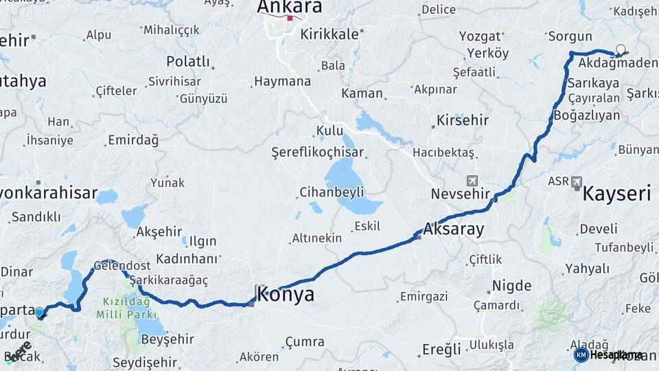 Isparta Akdağmadeni Yozgat Arası Kaç Km - Yol Haritası