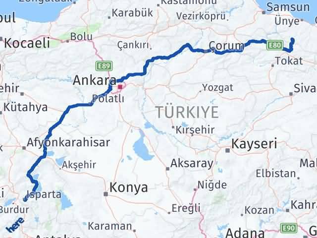 Isparta Akkuş Ordu Arası Kaç Km - Yol Haritası