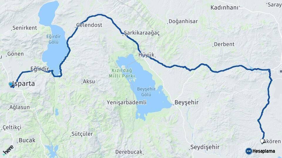 Isparta Akören Konya Arası Kaç Km - Yol Haritası