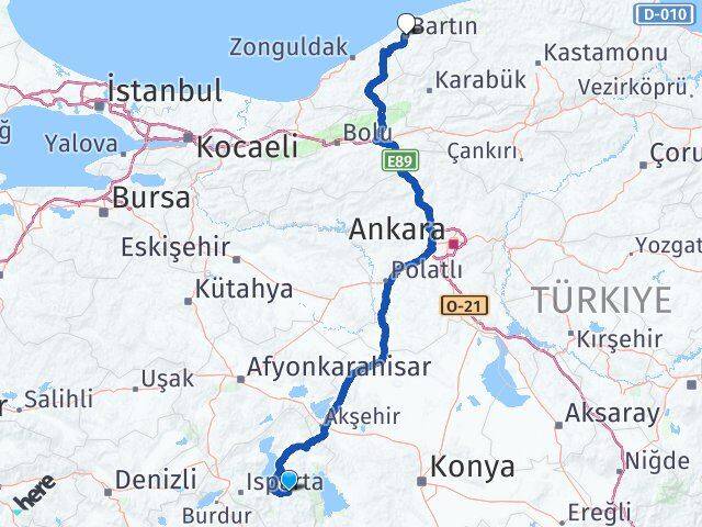 Isparta Aksu Bartın Arası Kaç Km - Yol Haritası