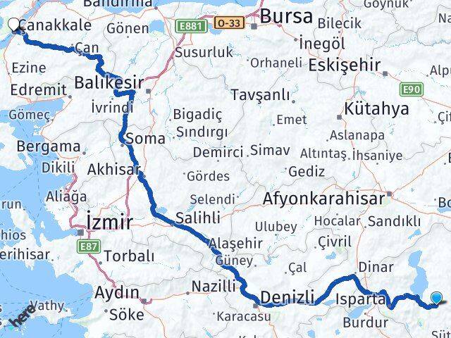 Isparta Aksu Çanakkale Arası Kaç Km - Yol Haritası