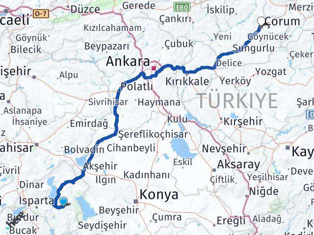 Isparta Aksu Çorum Arası Kaç Km - Yol Haritası