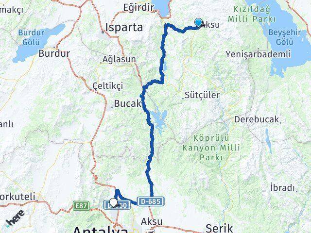 Isparta Aksu Döşemealtı Antalya Arası Kaç Km - Yol Haritası