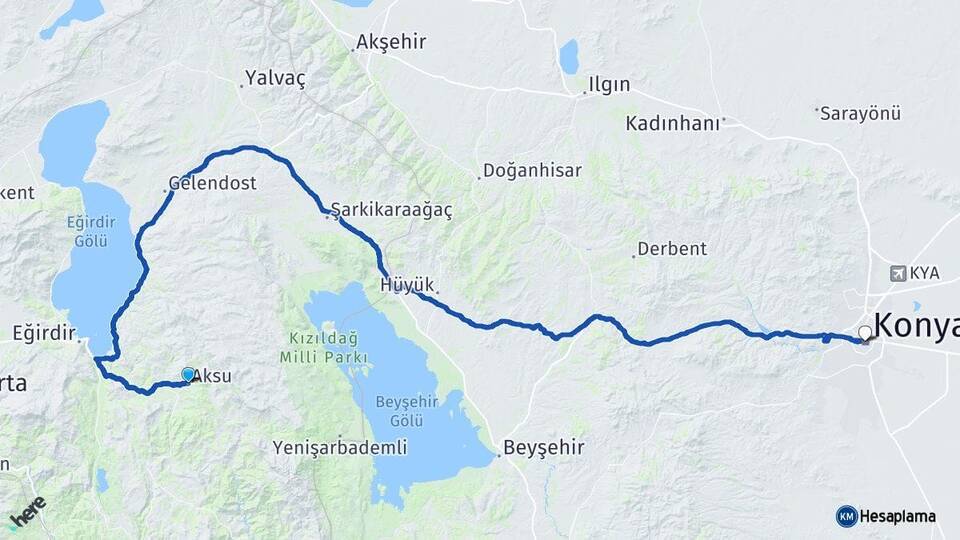 Isparta Aksu Konya Arası Kaç Km - Yol Haritası