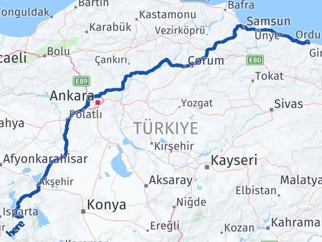 Isparta Aksu Ordu Arası Kaç Km - Yol Haritası
