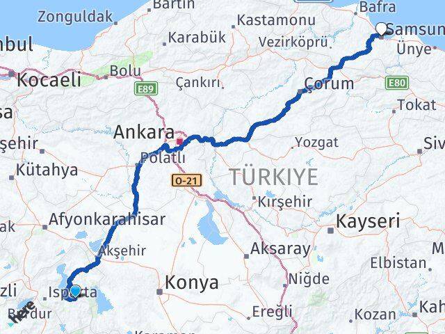 Isparta Aksu Samsun Arası Kaç Km - Yol Haritası