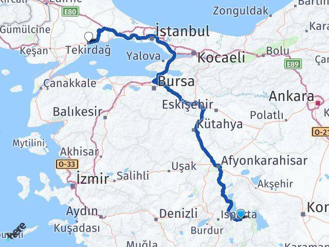Isparta Aksu Tekirdağ Arası Kaç Km - Yol Haritası