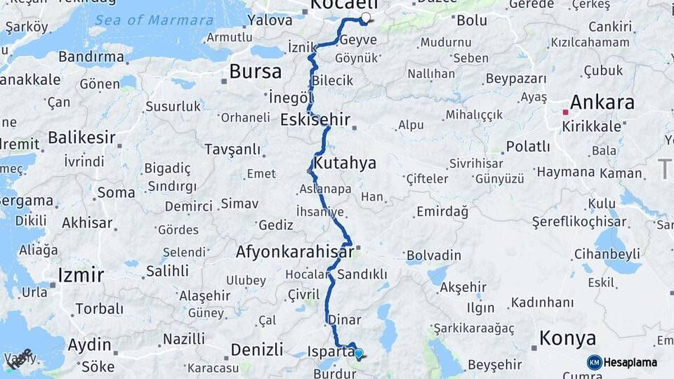 Isparta Akyazı Sakarya Arası Kaç Km - Yol Haritası