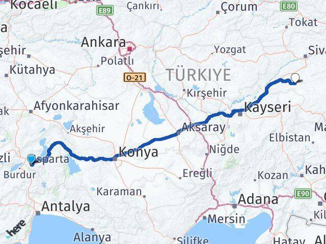 Isparta Altınyayla Sivas Arası Kaç Km - Yol Haritası