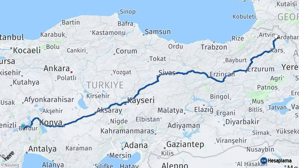 Isparta Ardahan Arası Kaç Km - Yol Haritası