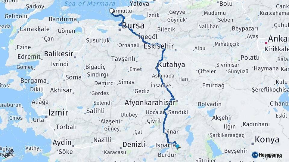 Isparta Armutlu Yalova Arası Kaç Km - Yol Haritası