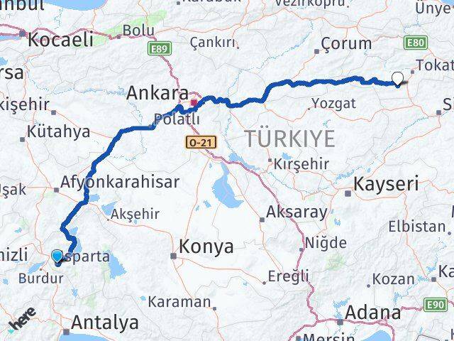 Isparta Artova Tokat Arası Kaç Km - Yol Haritası