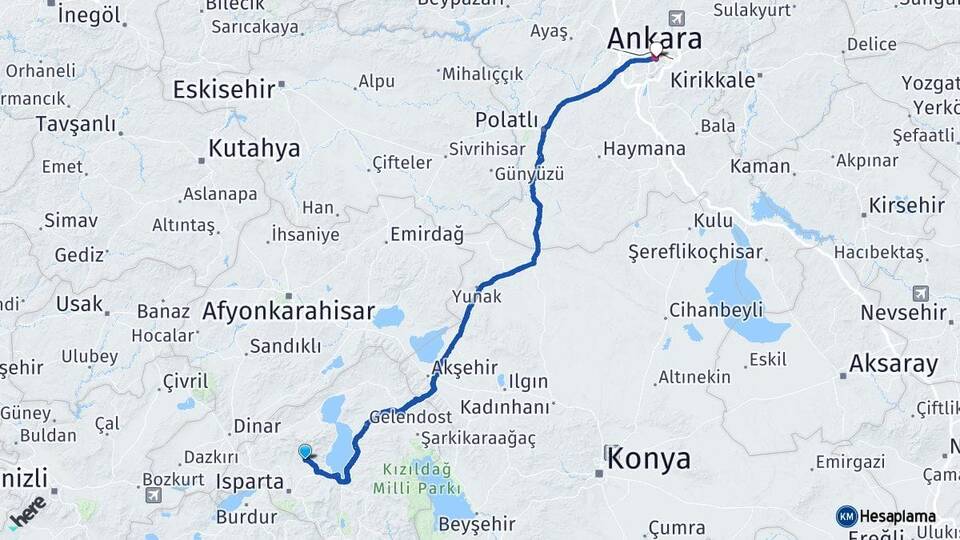 Isparta Atabey Ankara Arası Kaç Km - Yol Haritası