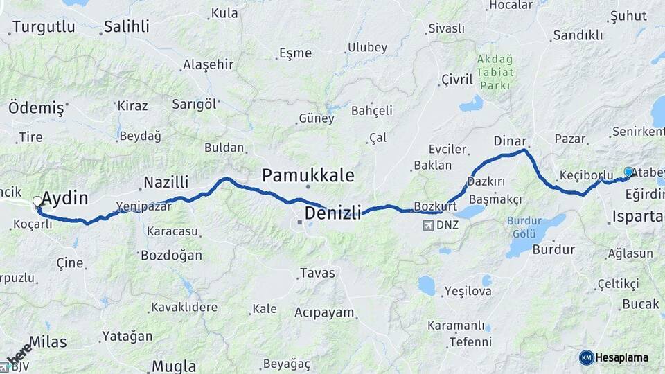 Isparta Atabey Aydın Arası Kaç Km - Yol Haritası