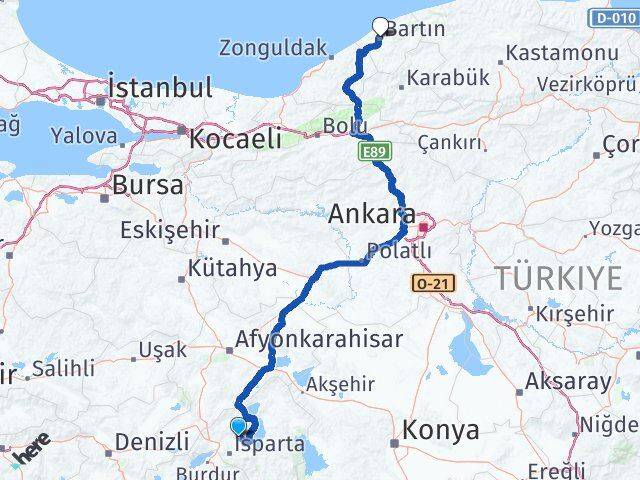 Isparta Atabey Bartın Arası Kaç Km - Yol Haritası