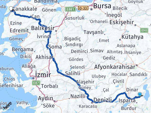Isparta Atabey Çanakkale Arası Kaç Km - Yol Haritası
