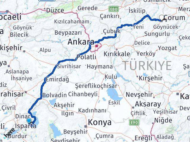 Isparta Atabey Çorum Arası Kaç Km - Yol Haritası
