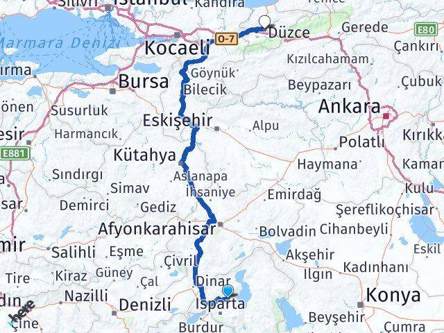 Isparta Atabey Düzce Arası Kaç Km - Yol Haritası