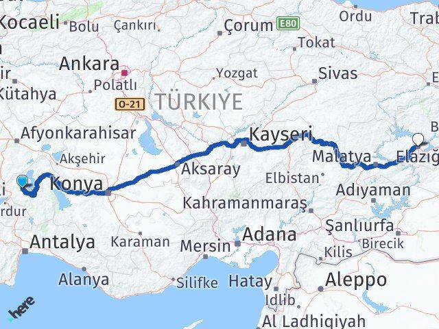 Isparta Atabey Elazığ Arası Kaç Km - Yol Haritası