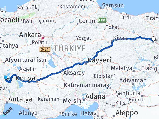 Isparta Atabey Erzincan Arası Kaç Km - Yol Haritası