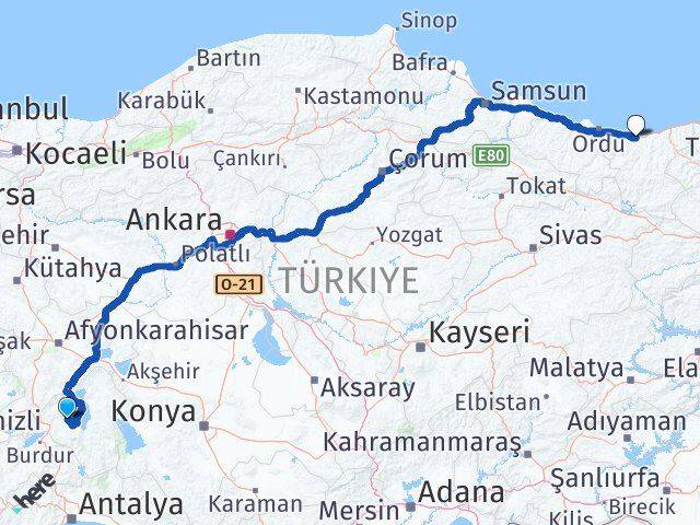 Isparta Atabey Giresun Arası Kaç Km - Yol Haritası