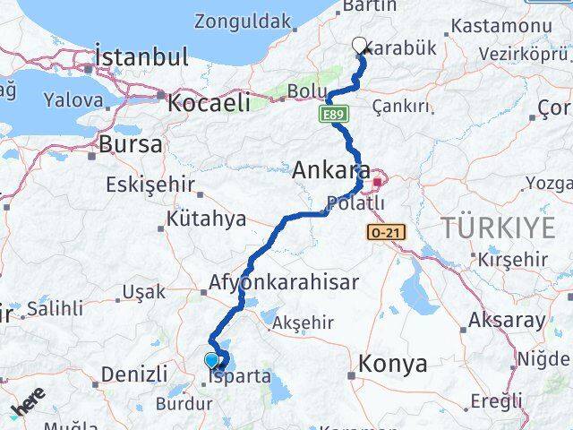 Isparta Atabey Karabük Arası Kaç Km - Yol Haritası