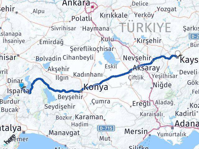 Isparta Atabey Kayseri Arası Kaç Km - Yol Haritası
