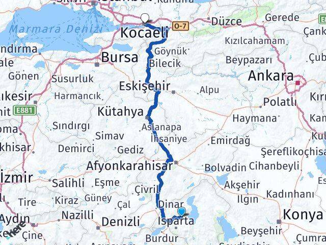 Isparta Atabey Kocaeli Arası Kaç Km - Yol Haritası