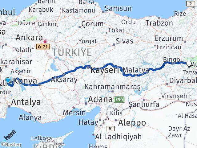 Isparta Atabey Muş Arası Kaç Km - Yol Haritası