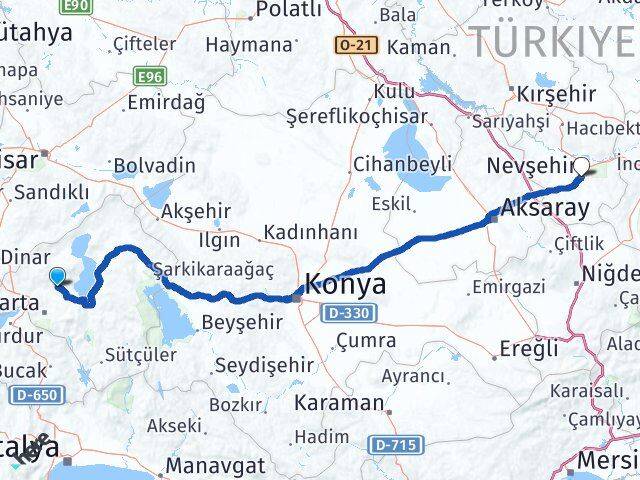 Isparta Atabey Nevşehir Arası Kaç Km - Yol Haritası
