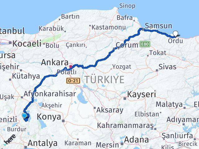 Isparta Atabey Ordu Arası Kaç Km - Yol Haritası