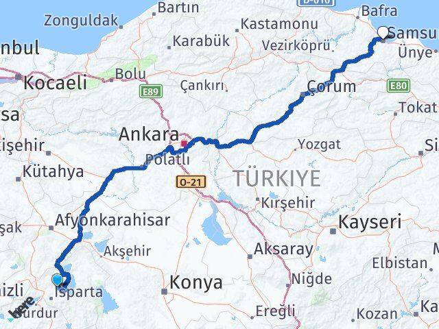 Isparta Atabey Samsun Arası Kaç Km - Yol Haritası