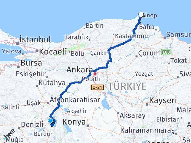 Isparta Atabey Sinop Arası Kaç Km - Yol Haritası