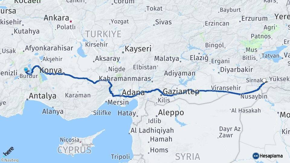 Isparta Atabey Şırnak Arası Kaç Km - Yol Haritası