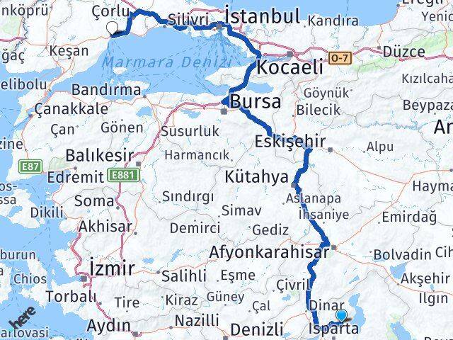 Isparta Atabey Tekirdağ Arası Kaç Km - Yol Haritası