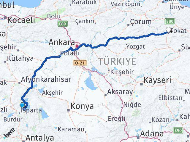 Isparta Atabey Tokat Arası Kaç Km - Yol Haritası