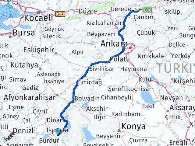 Isparta Atkaracalar Çankırı Arası Kaç Km - Yol Haritası