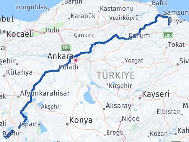 Isparta Ayvacık Samsun Arası Kaç Km - Yol Haritası