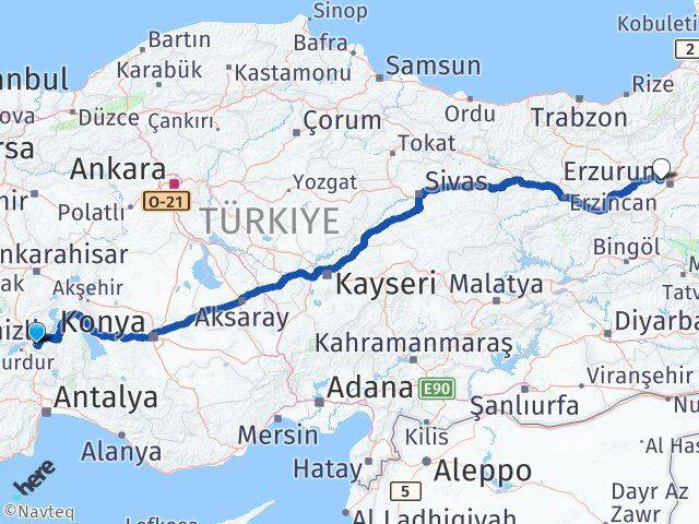 Isparta Aziziye Erzurum Arası Kaç Km - Yol Haritası