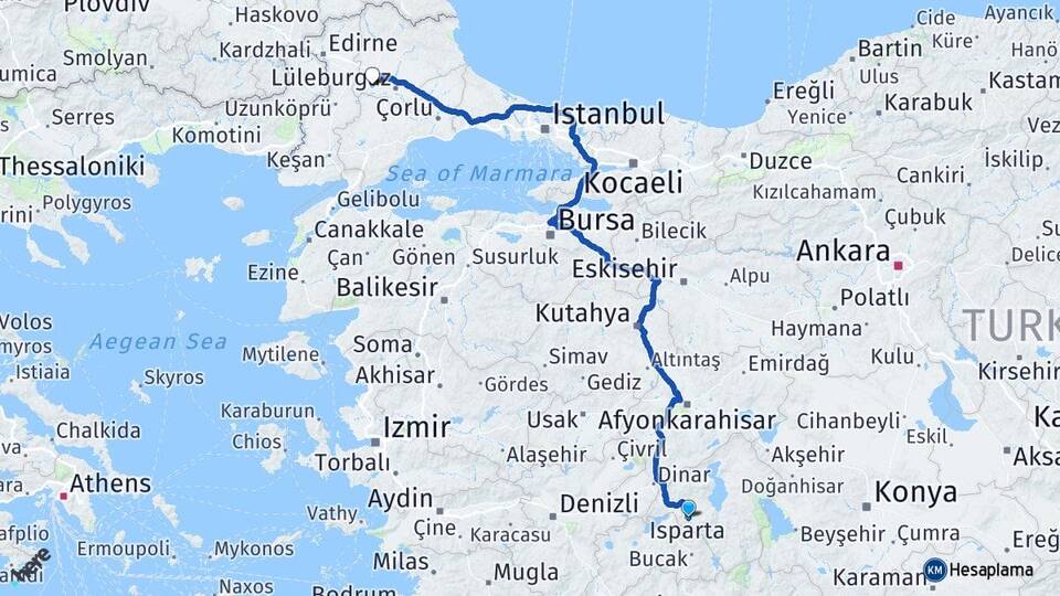 Isparta Babaeski Kırklareli Arası Kaç Km - Yol Haritası