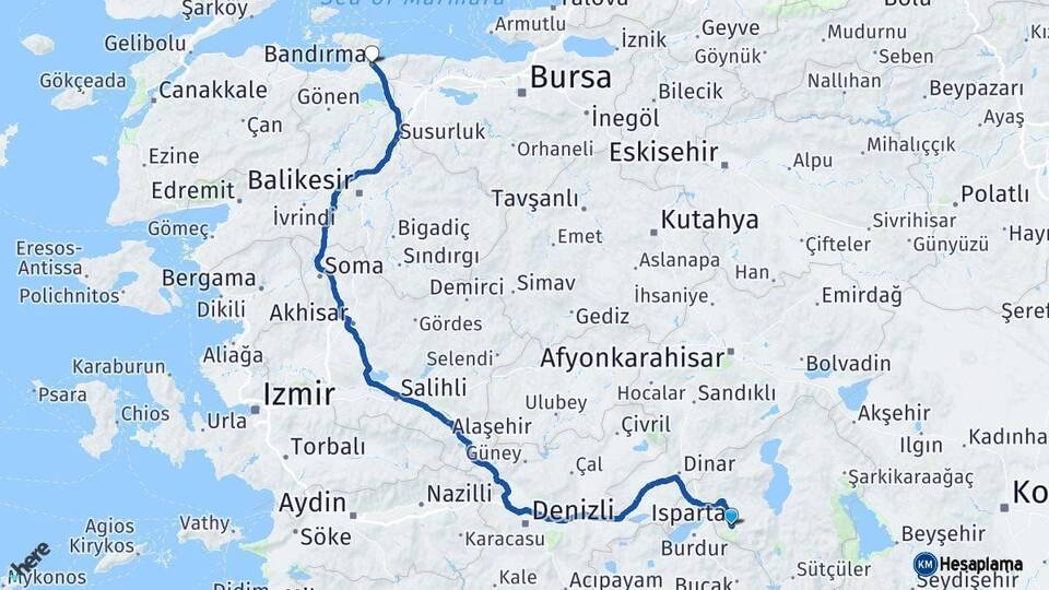 Isparta Bandırma Balıkesir Arası Kaç Km - Yol Haritası