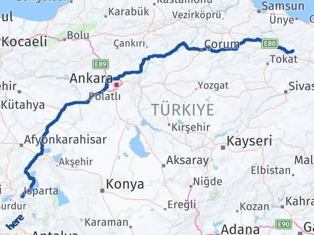 Isparta Başçiftlik Tokat Arası Kaç Km - Yol Haritası
