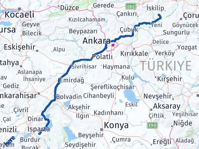 Isparta Bayat Çorum Arası Kaç Km - Yol Haritası