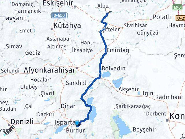 Isparta Beylikova Eskişehir Arası Kaç Km - Yol Haritası