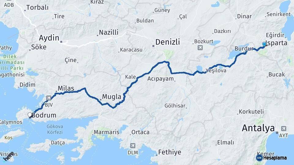 Isparta Bodrum Muğla Arası Kaç Km - Yol Haritası