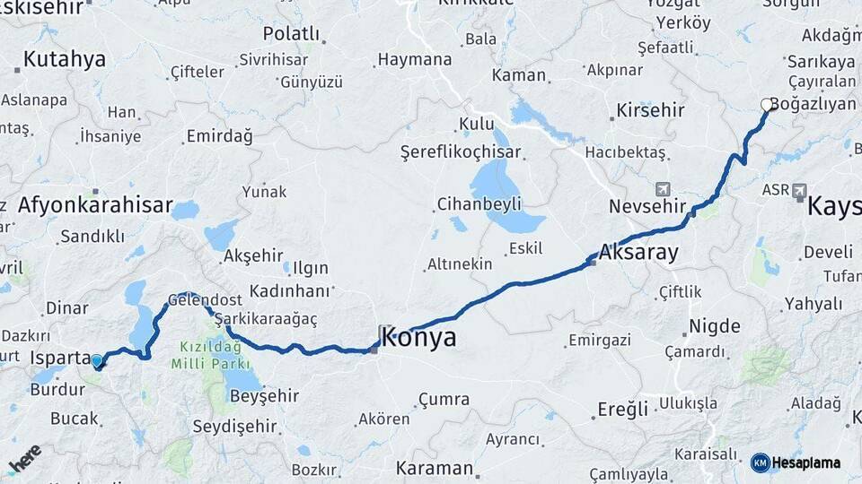 Isparta Boğazlıyan Yozgat Arası Kaç Km - Yol Haritası