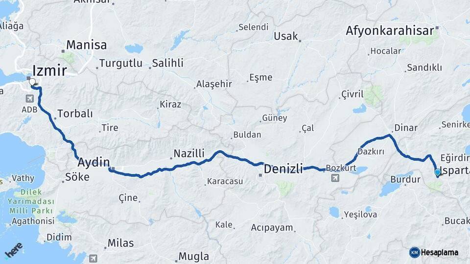 Isparta Buca İzmir Arası Kaç Km - Yol Haritası